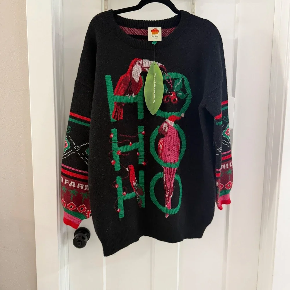 Farm Rio Hohoho Black Knit Sweater Tropical Toucan Christmas Womens M NEW Boho - Picture 1 of 6